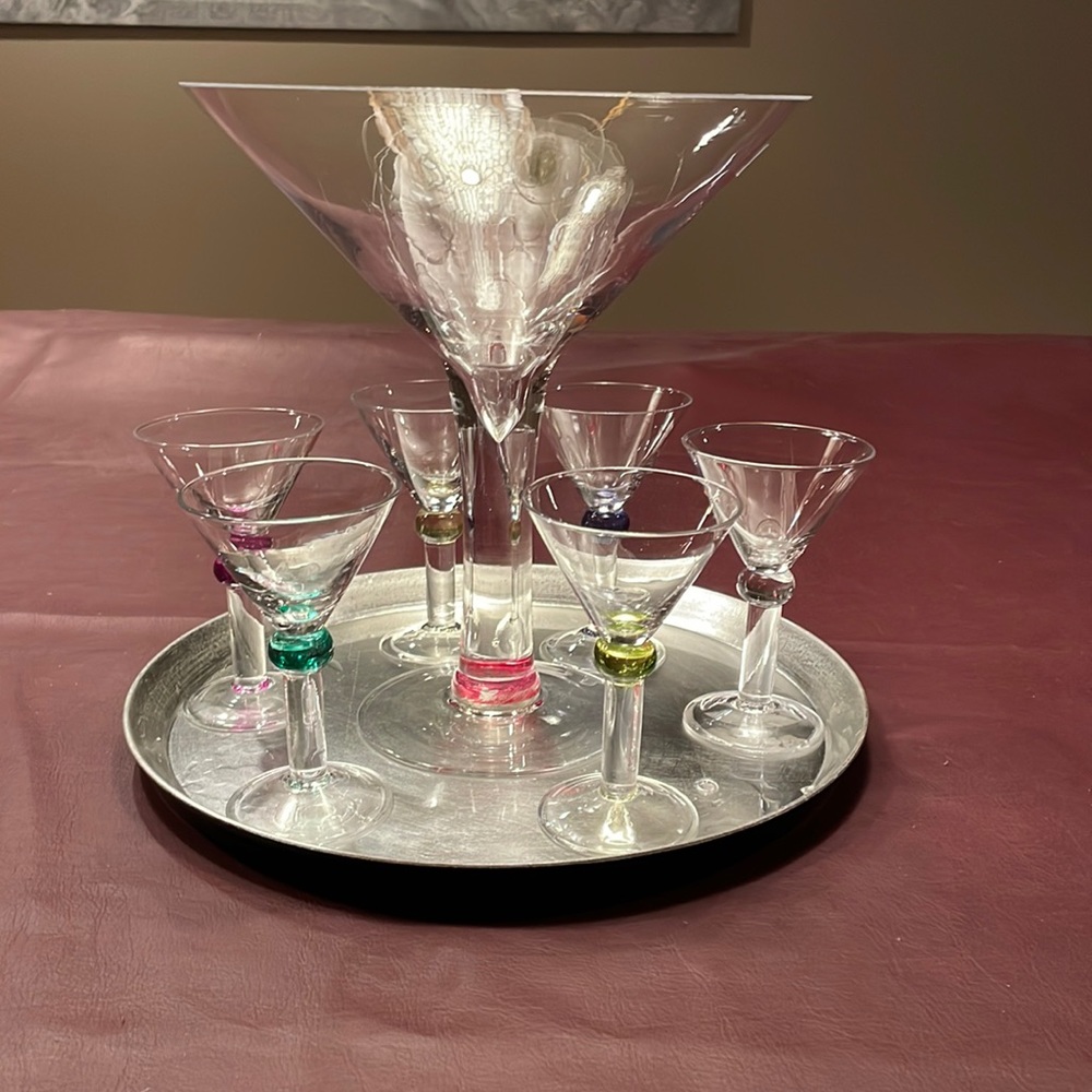 Colorful martini glass set with tray. Will not separate